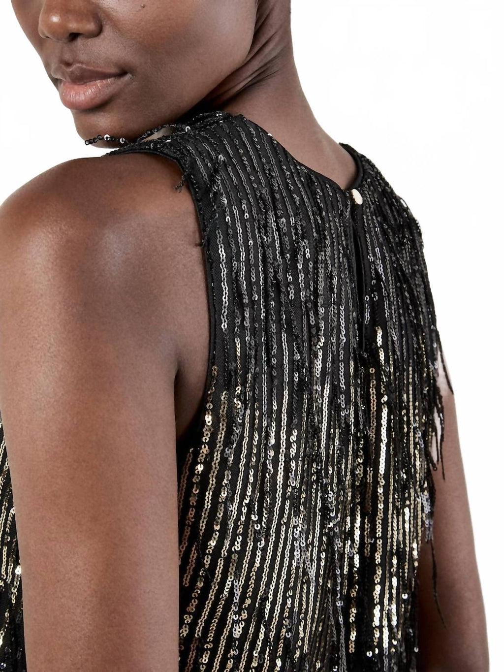 Sequin Stripe Fringe Shell Top In Black