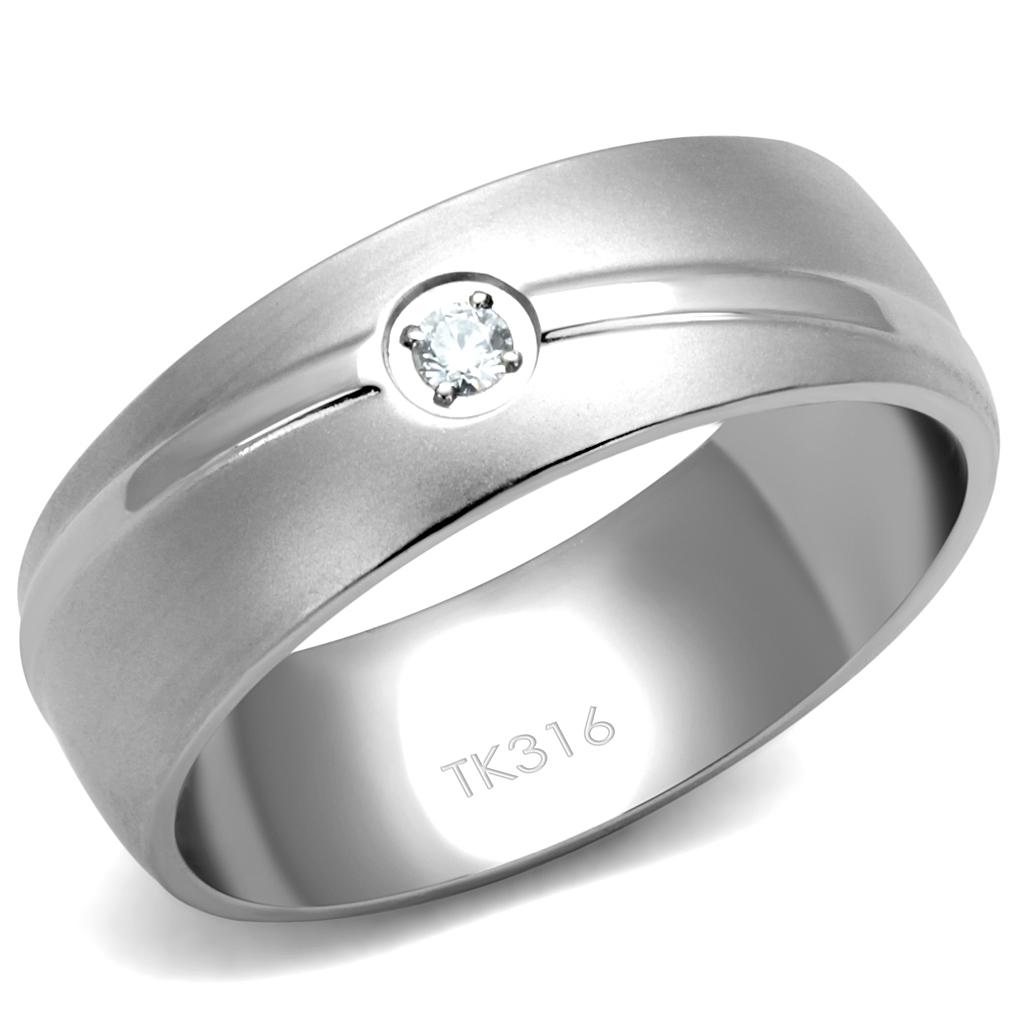 High polished (no plating) Stainless Steel Ring with AAA Grade CZ in Clear