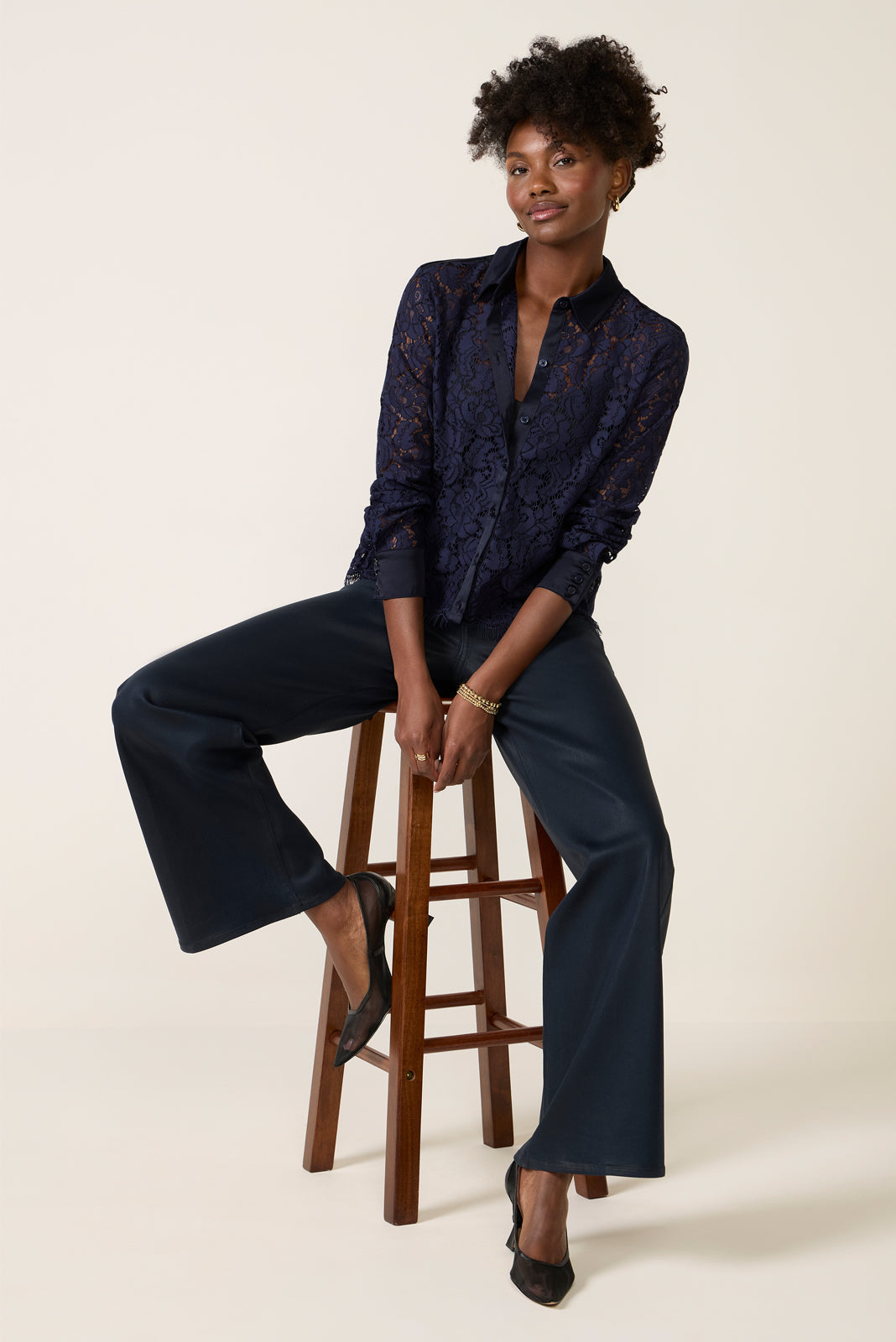 Women's Lace Contrast Button Down Shirt