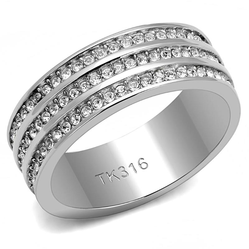 High polished (no plating) Stainless Steel Ring with Top Grade Crystal in Clear