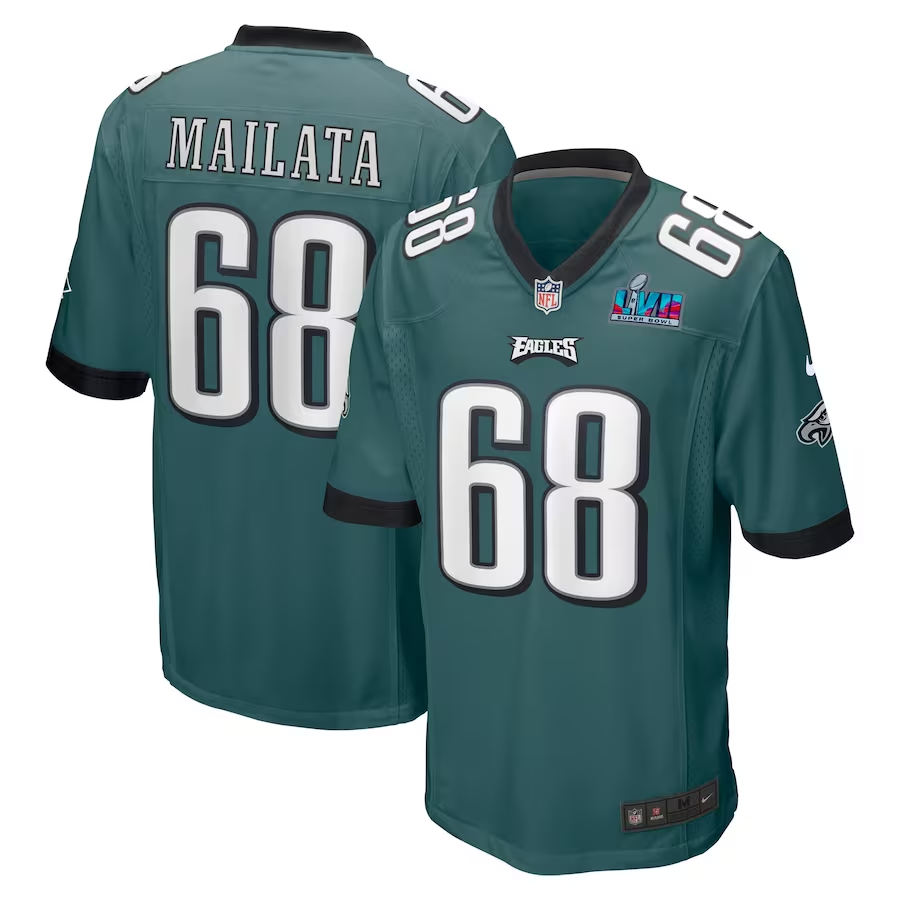 Men's Philadelphia Eagles Jordan Mailata #68 Midnight Green Super Bowl LVII Patch Game jersey