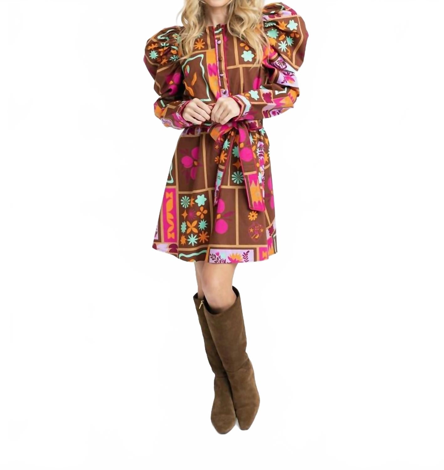 Floral Frame Puff-Sleeve Mini Shirt Dress In Brown