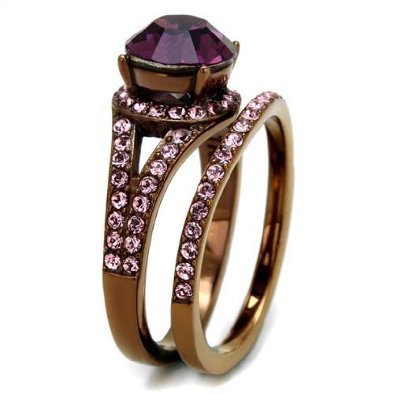 IP Coffee light Stainless Steel Ring with Top Grade Crystal in Amethyst