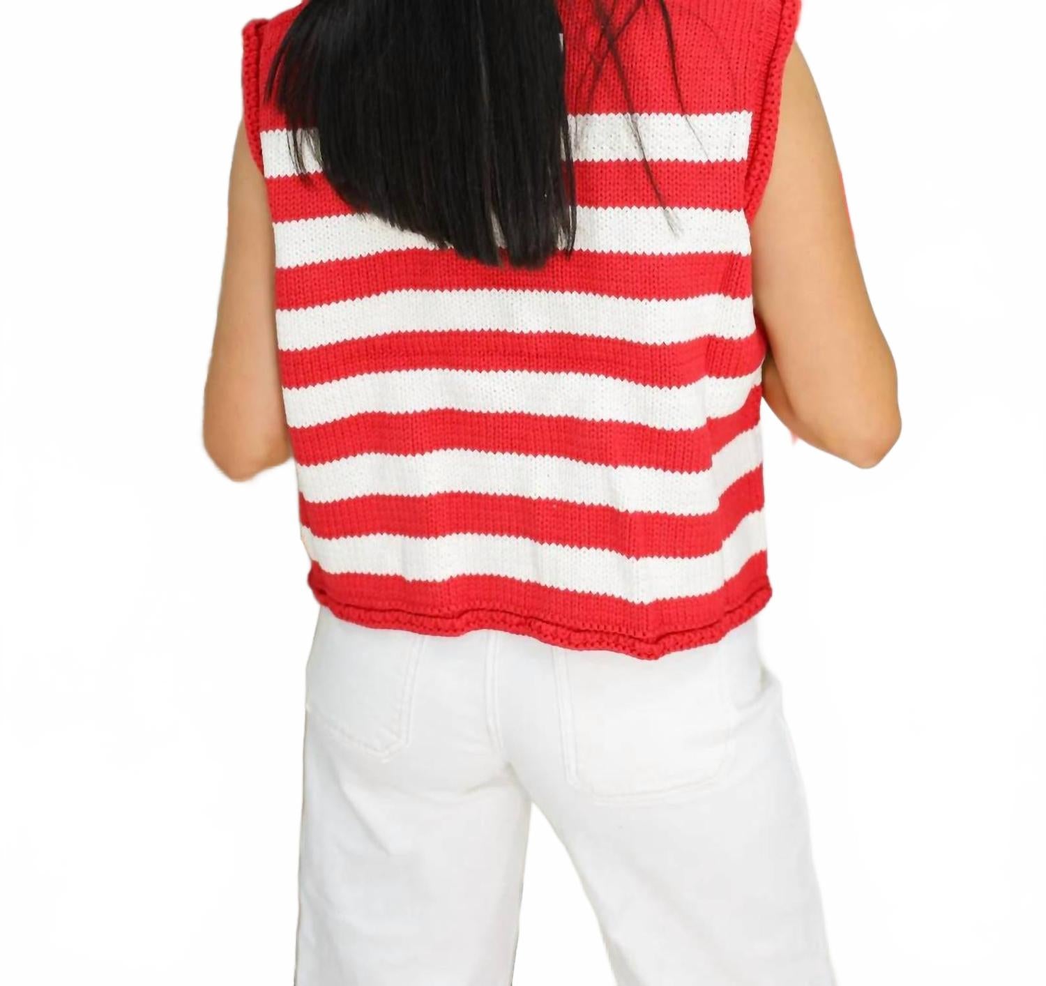 Sleeveless Striped Button Down Knit Sweater Vest In Red