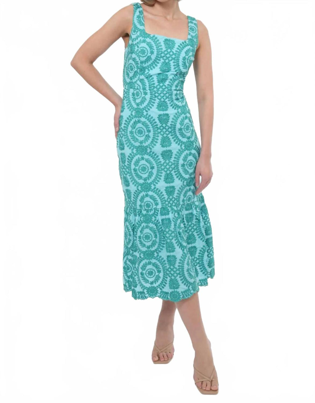 Rose Cotton Eyelet Embroidered Midi Dress In Blue/green