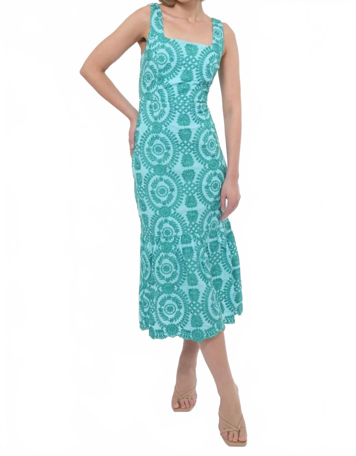 Rose Cotton Eyelet Embroidered Midi Dress In Blue/green