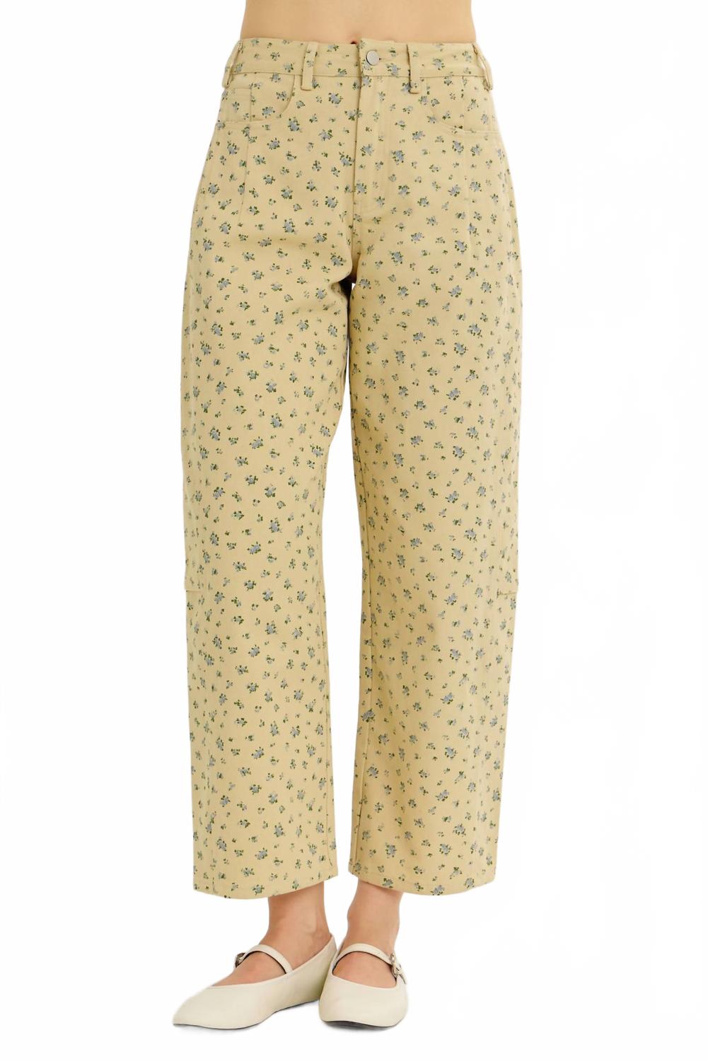 Ditsy Flower Cotton Twill Barrel Leg Pants In Yellow/blue