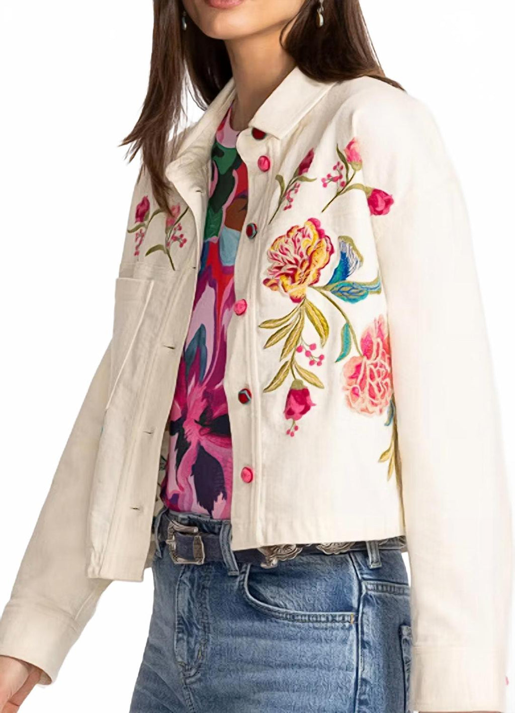 Crochet Cropped Denim Jacket In Beige