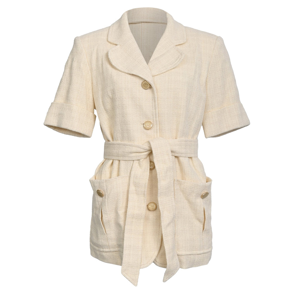 Sandro Truman Belted Tweed Jacket In Beige Cotton