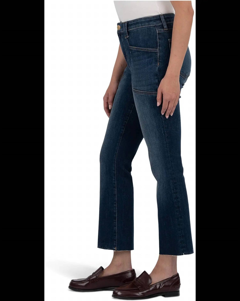 Kelsey High Rise Flare Front Pockets Inset Raw Hem Jean In Precocious