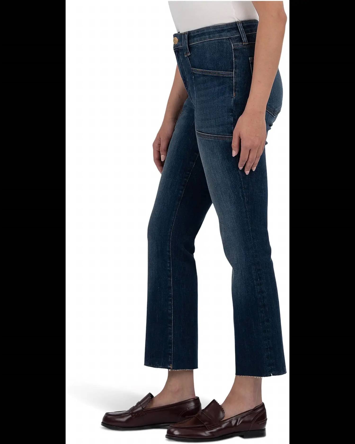 Kelsey High Rise Flare Front Pockets Inset Raw Hem Jean In Precocious