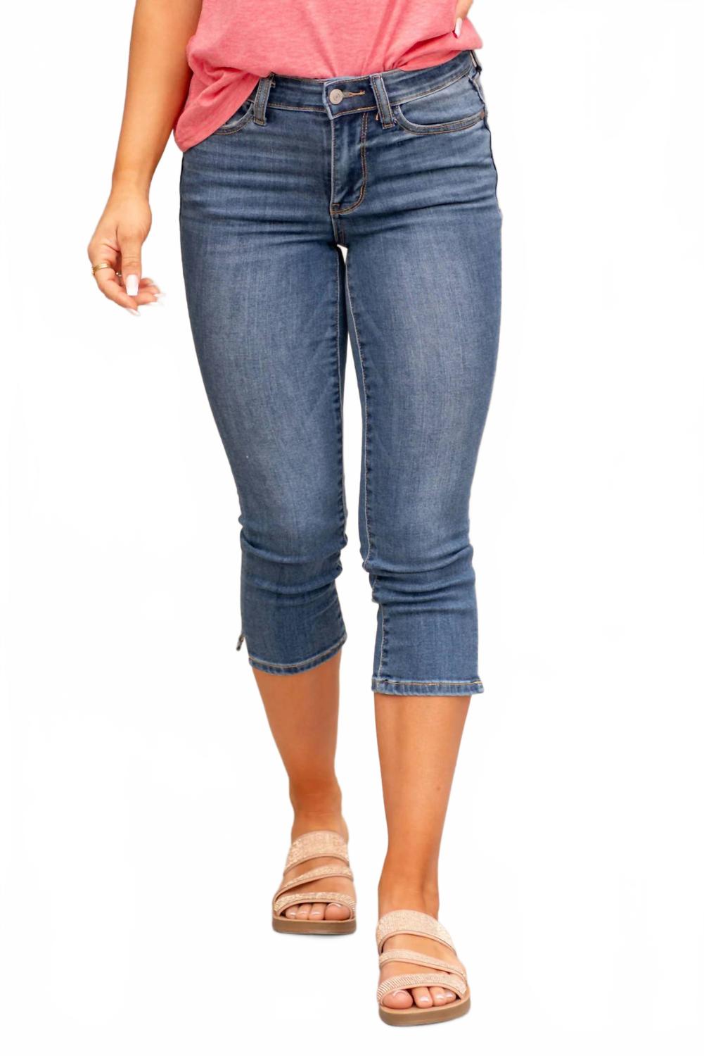 Mid Rise Skinny Capris In Medium Blue Wash