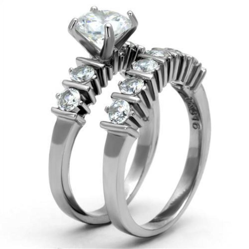 High polished (no plating) Stainless Steel Ring with AAA Grade CZ in Clear