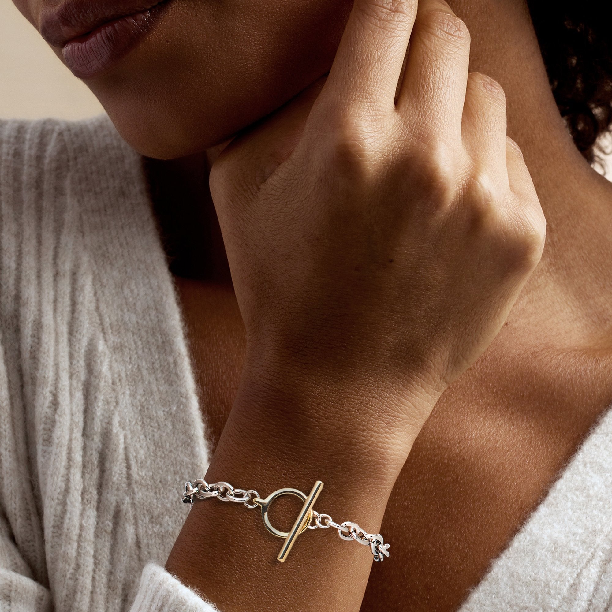 Ross-Simons Sterling Silver and 18kt Gold Over Sterling Cable-Chain Toggle Bracelet
