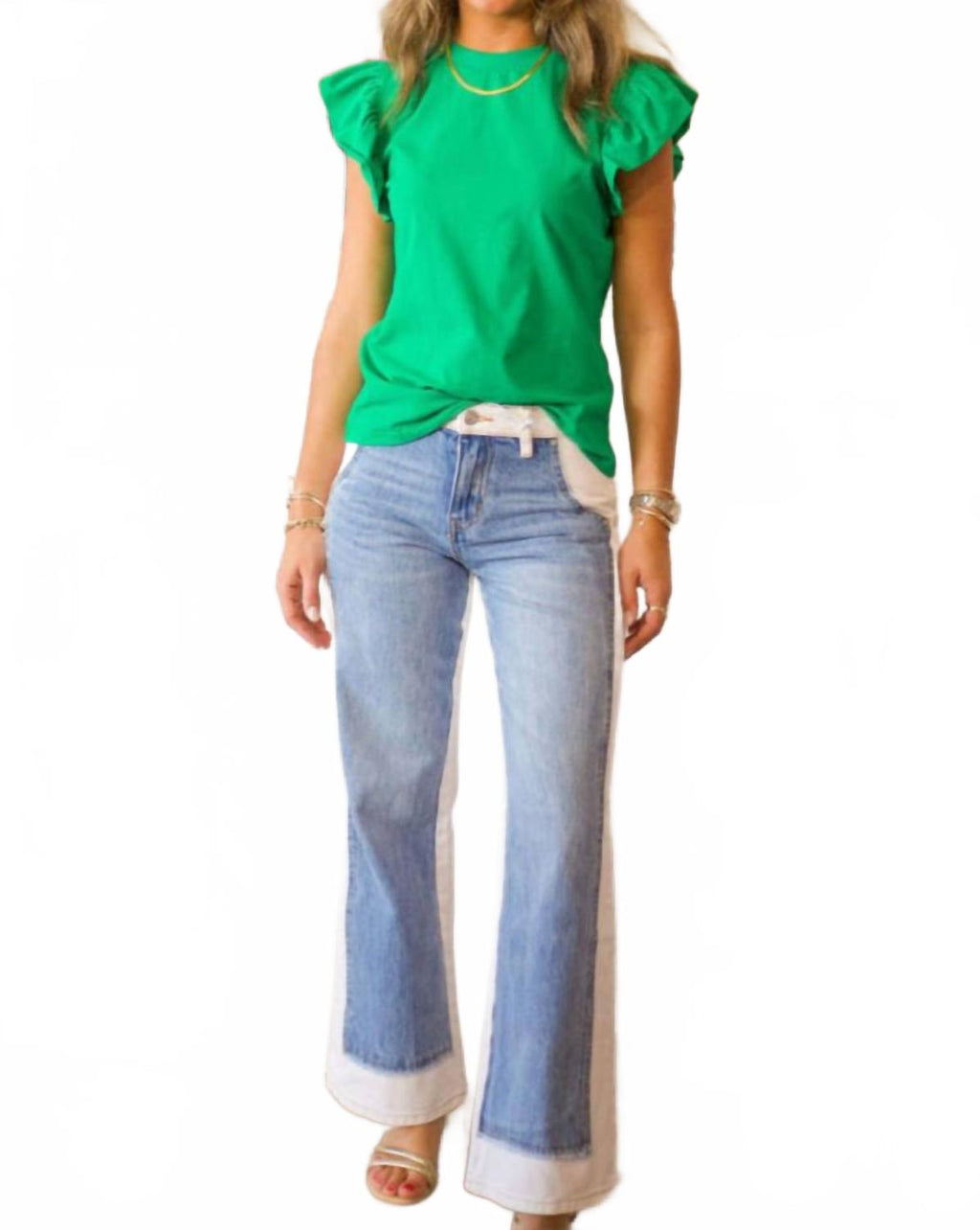 Jeremy Mid Rise Two Tones Wide Leg Jean In Cream