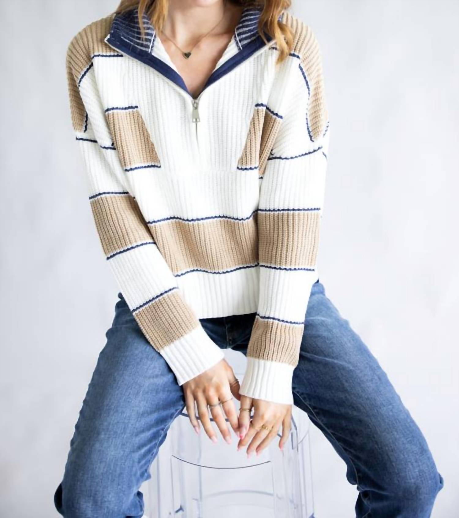 Waffle Half Zip Sweater In Ivory