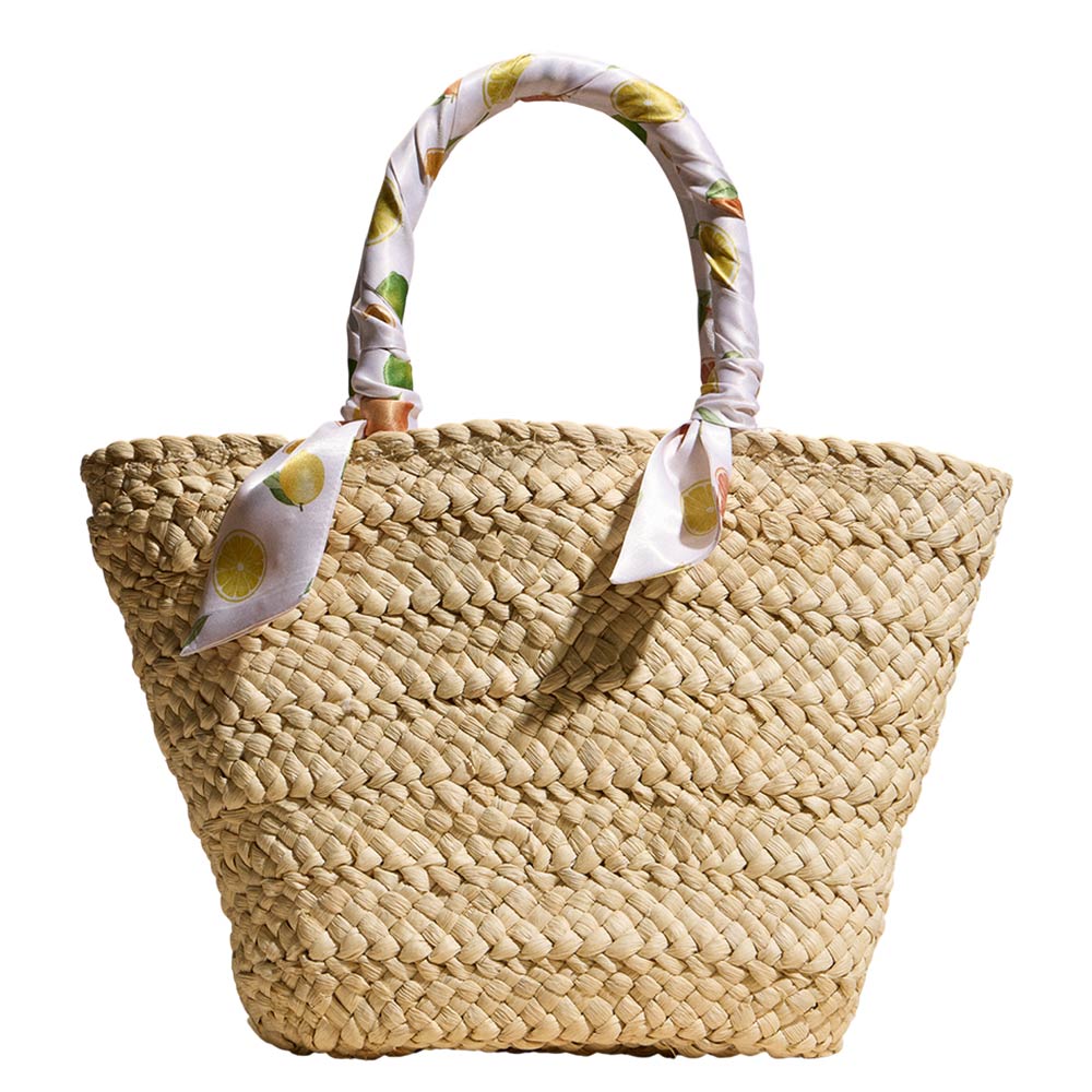 Fruit Print Fabric Scarf Wrapped Handle Raffia Tote Bag