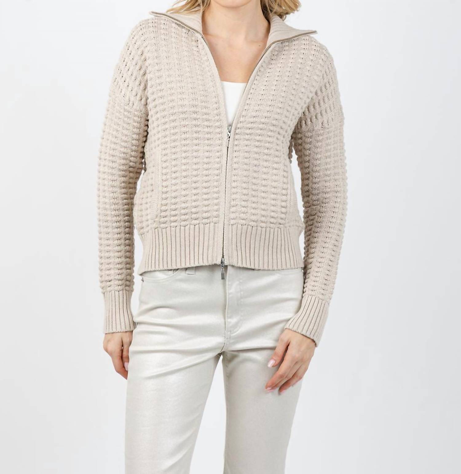 Bobble Zip Cardigan In Dune