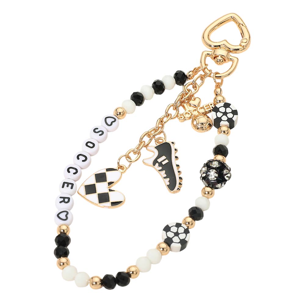 Soccer Message Beaded Wristlet Shoe Heart Charm Drop Keychain Bag Charm