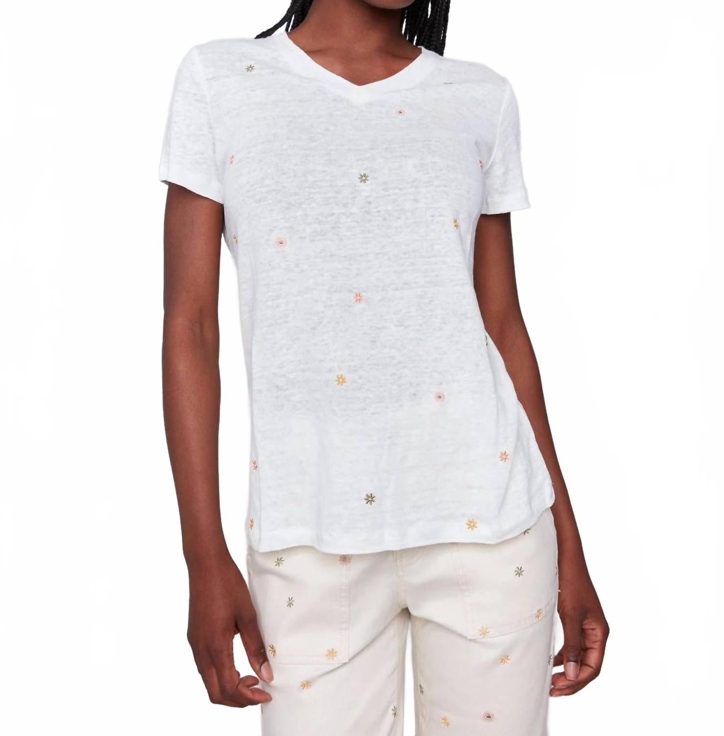 Short Sleeve Tee With Embroidered Flowers In Multi On Natural