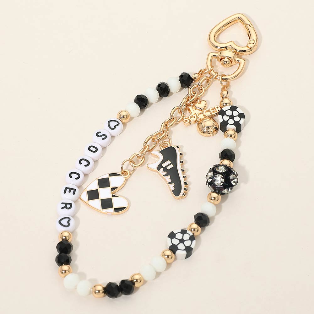 Soccer Message Beaded Wristlet Shoe Heart Charm Drop Keychain Bag Charm