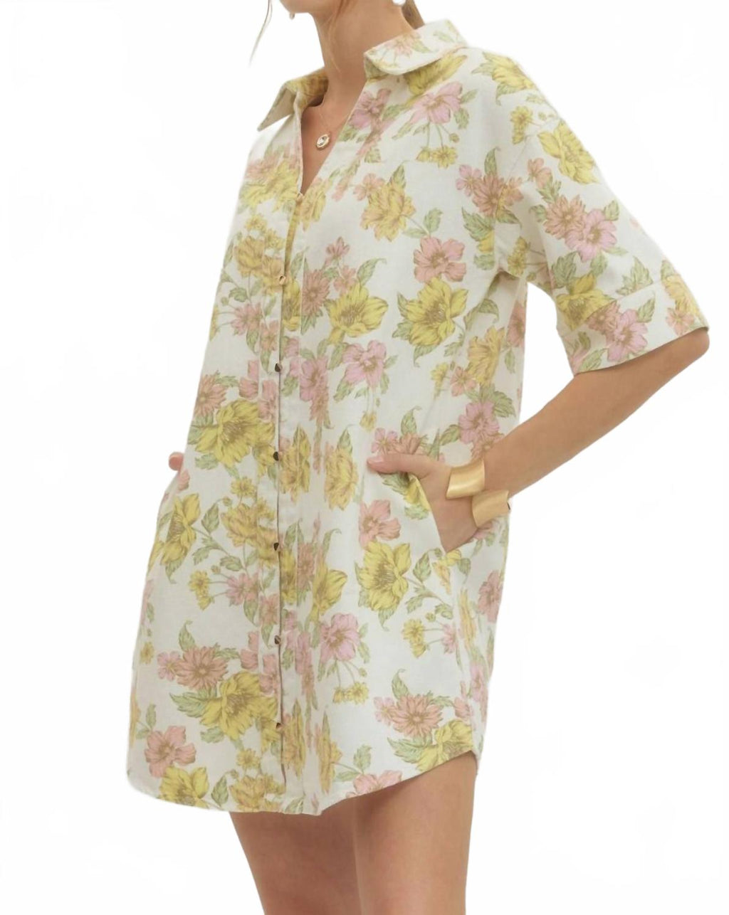 Floral Mini Shirt Dress In Pink And Yellow