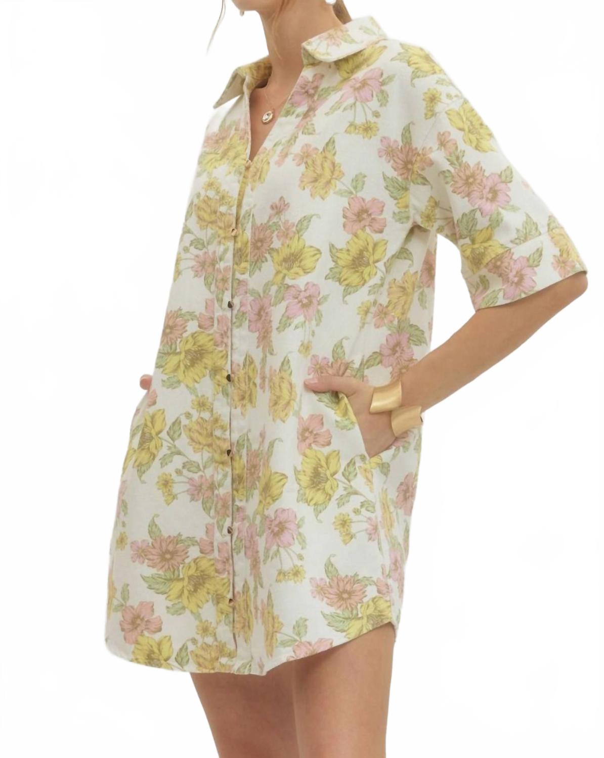 Floral Mini Shirt Dress In Pink And Yellow