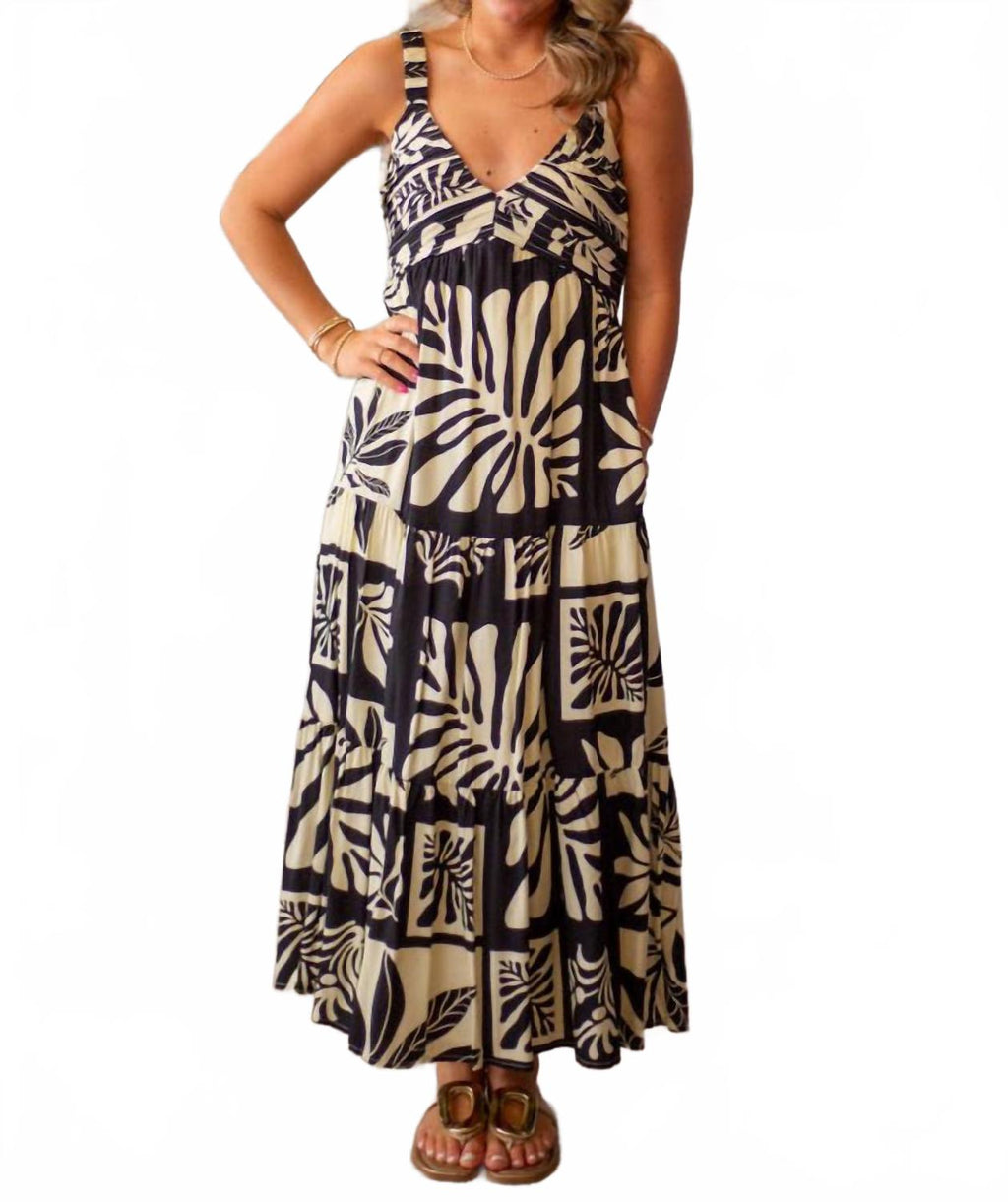 Tiered Print Maxi Dress In Black/beige
