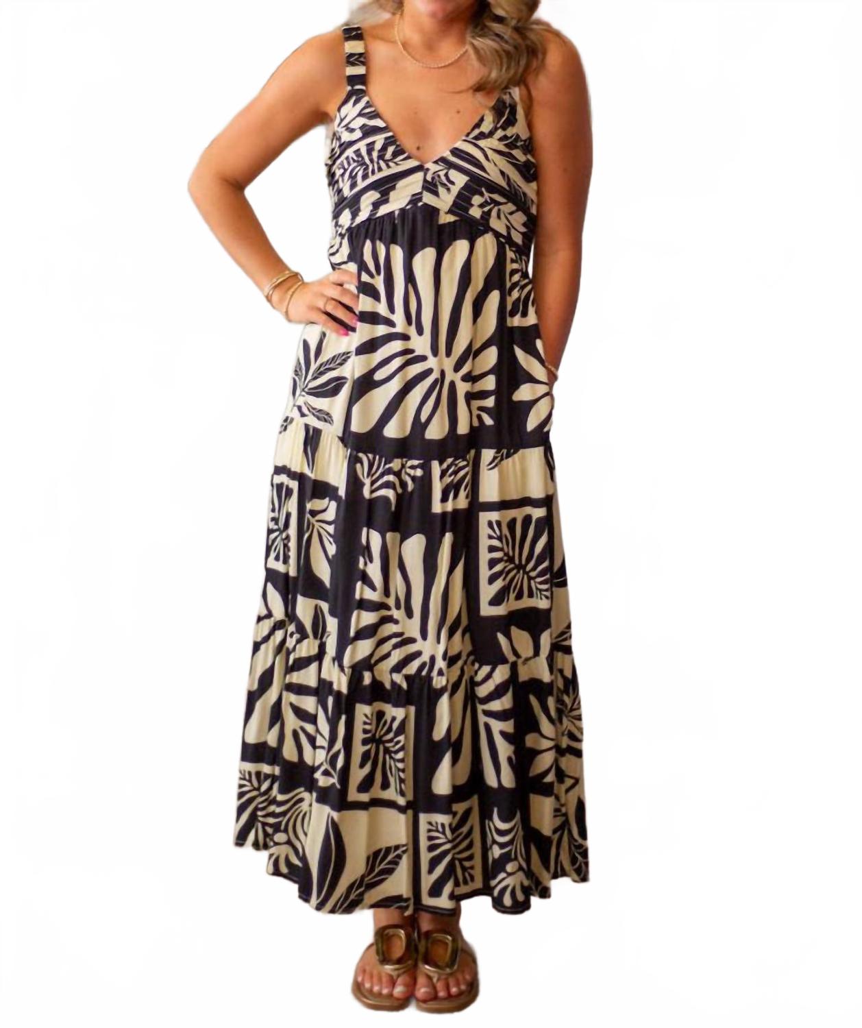 Tiered Print Maxi Dress In Black/beige