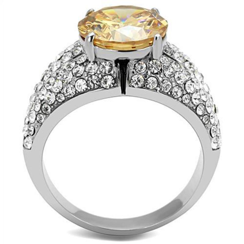 High polished (no plating) Stainless Steel Ring with AAA Grade CZ in Champagne