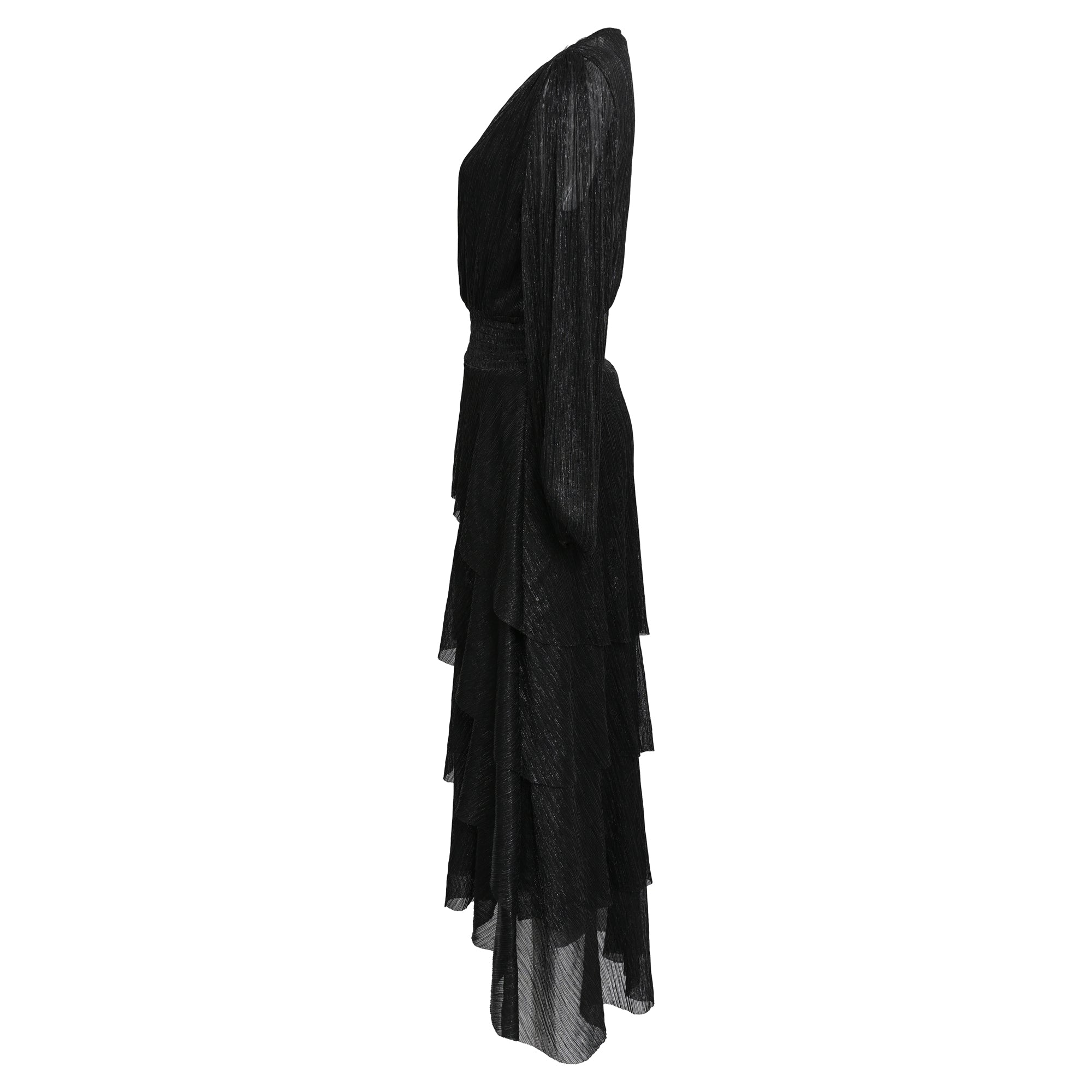 Maje Tiered Metallic Knitted Midi Dress in Black Polyester