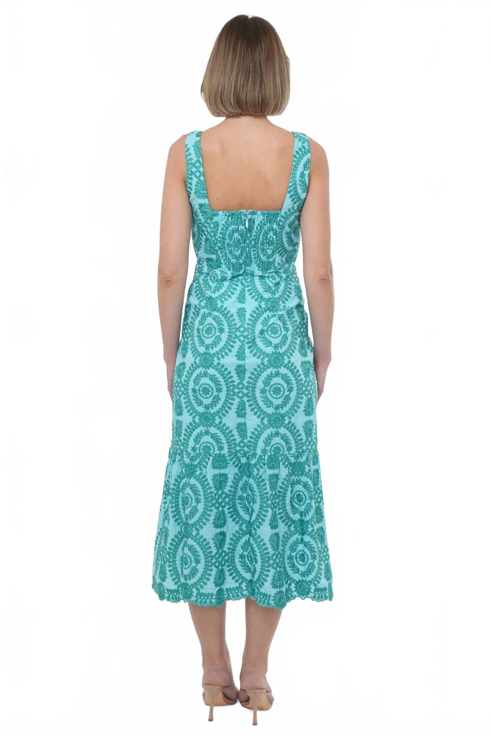 Rose Cotton Eyelet Embroidered Midi Dress In Blue/green