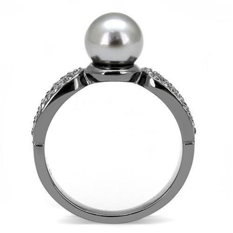IP Light Black Stainless Steel Ring with Synthetic Pearl in Gray