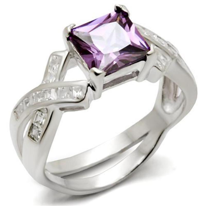 High-Polished 925 Sterling Silver Ring with AAA Grade CZ in Amethyst