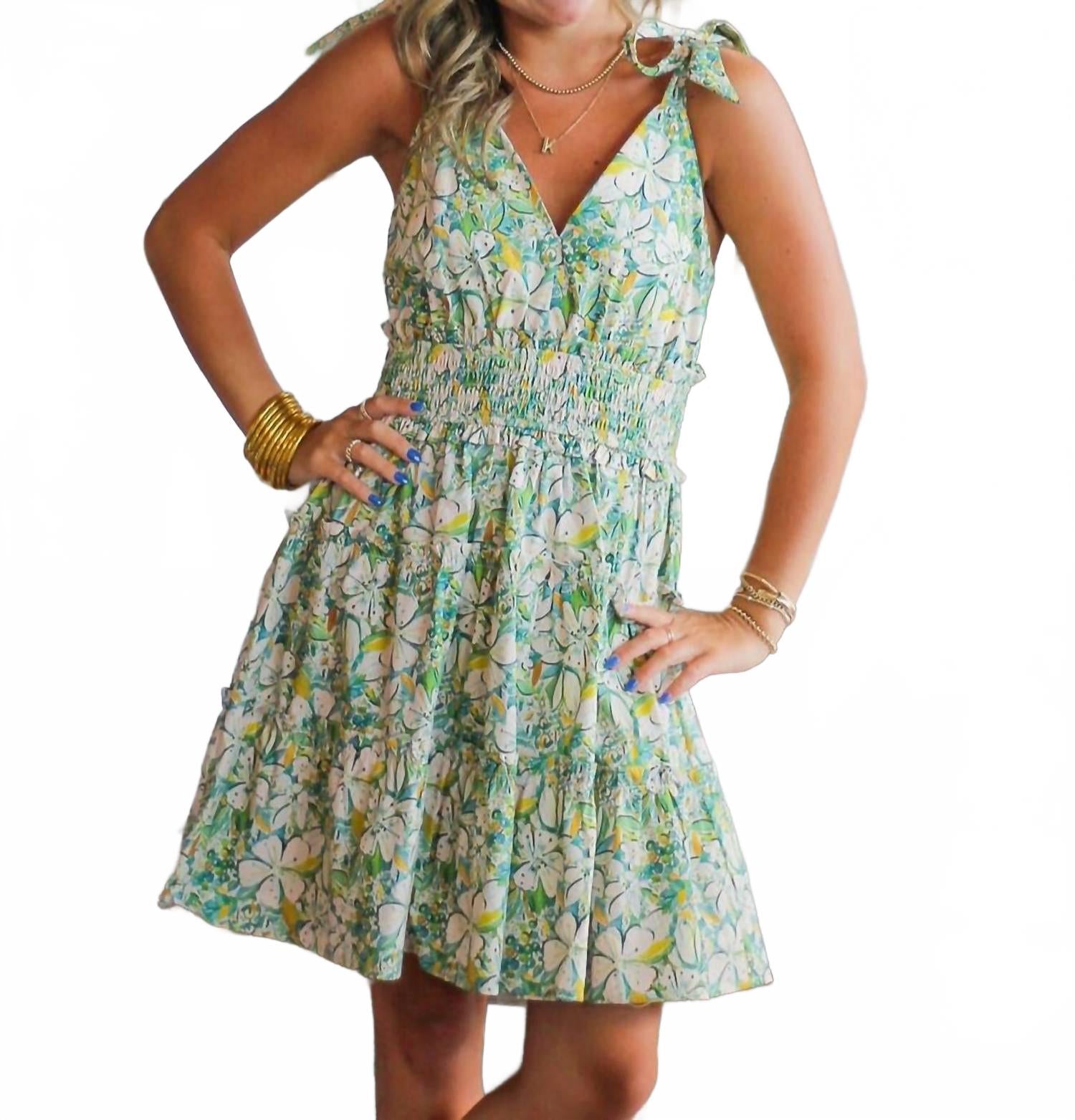 Floral Print Sleeveless Mini Dress In Green Multi
