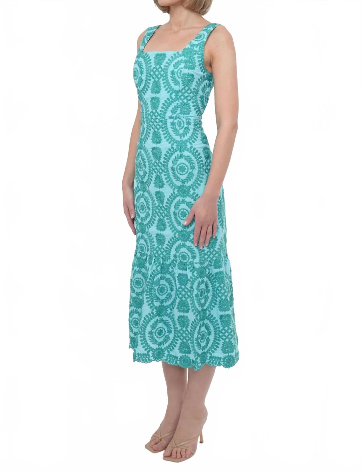 Rose Cotton Eyelet Embroidered Midi Dress In Blue/green