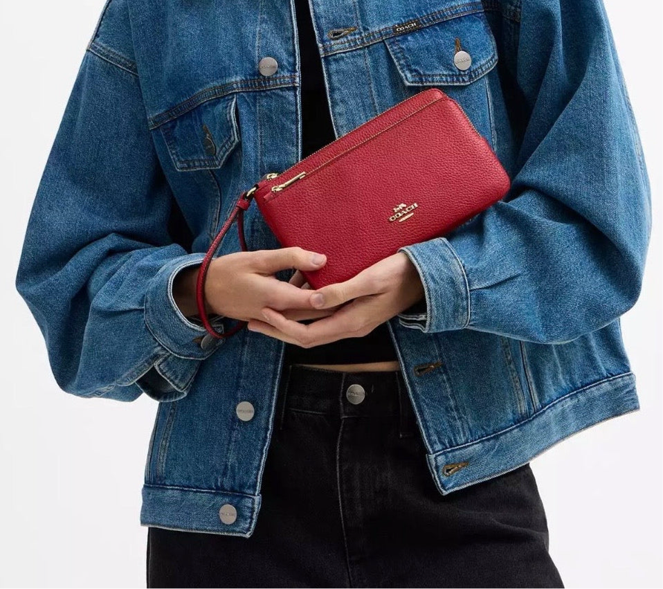 NWT Coach Leather Double Zip Large Wristlet Wallet In Gold/Red