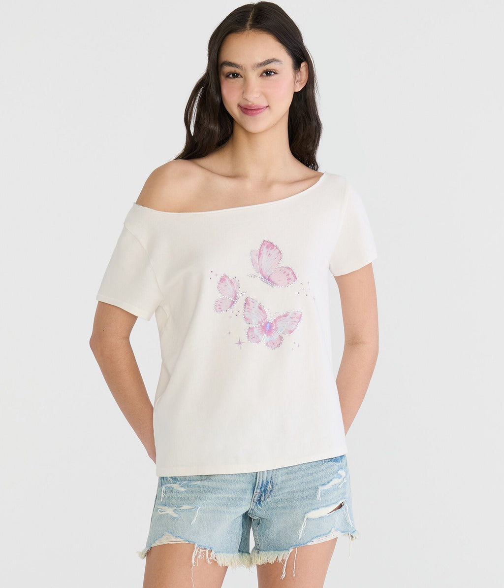 Aeropostale Seriously Soft Rhinestone Butterfly Off-The-Shoulder Vintage Fit Tee