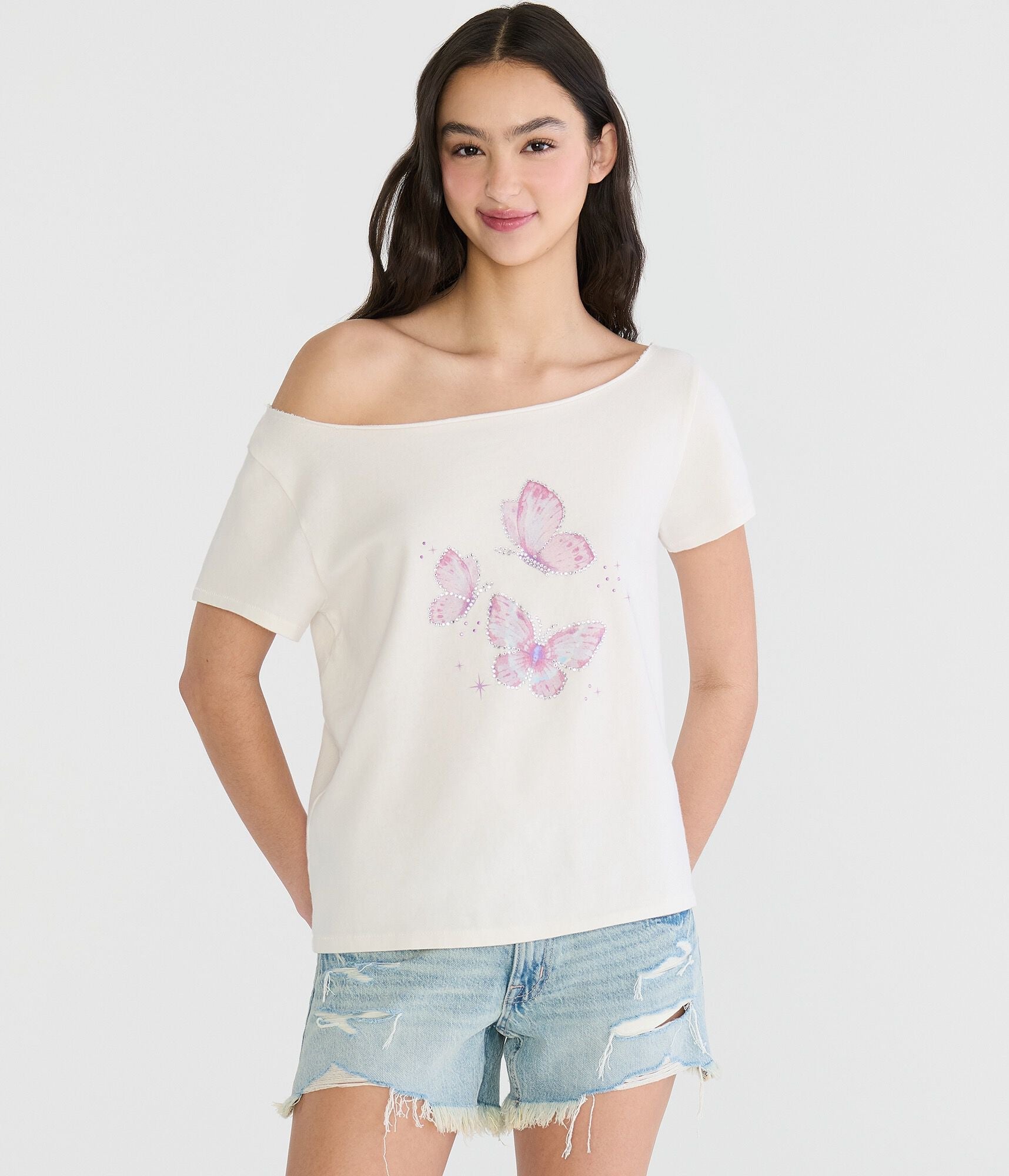 Aeropostale Seriously Soft Rhinestone Butterfly Off-The-Shoulder Vintage Fit Tee
