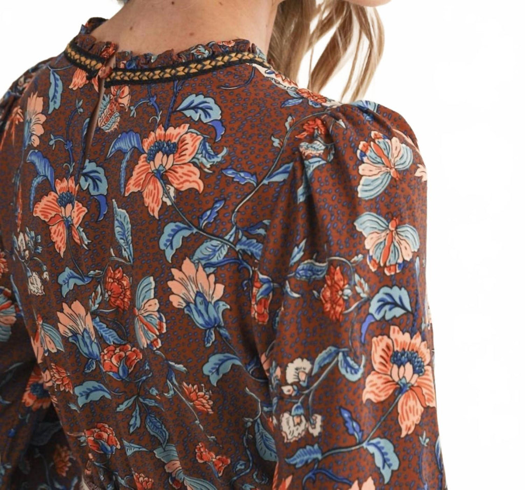 Floral Border Print Belted Midi Dress In Brown Multi