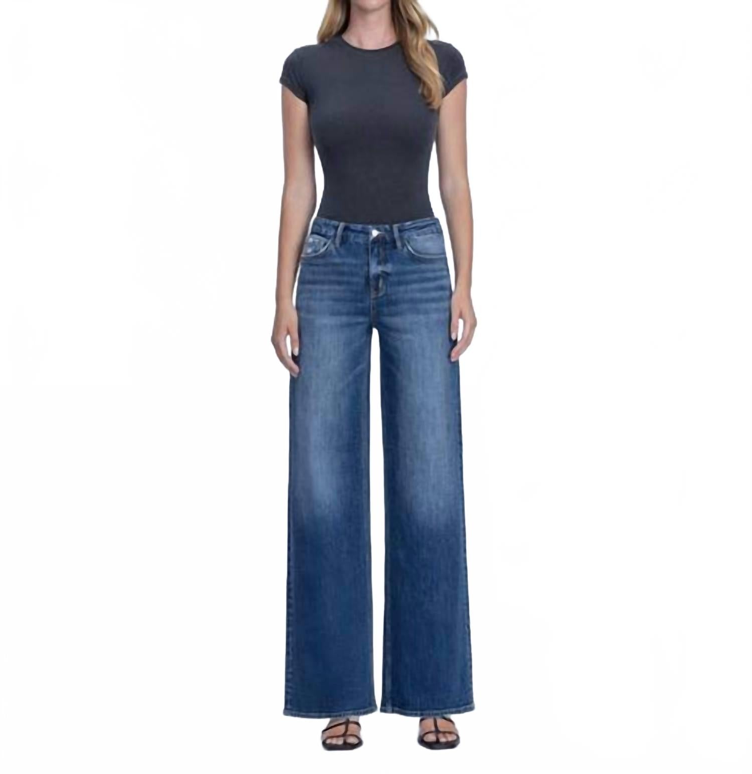 Nicest High Rise Seamless Waistband Wide Leg Jeans In Dark Wash