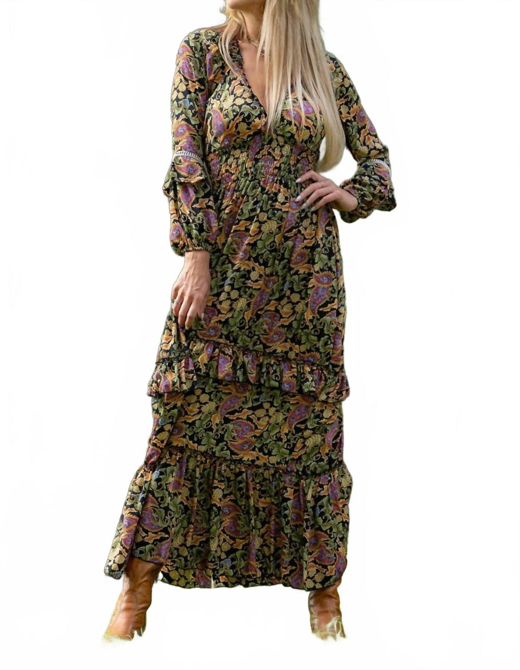 Verona Boho Maxi Dress In Green Multi