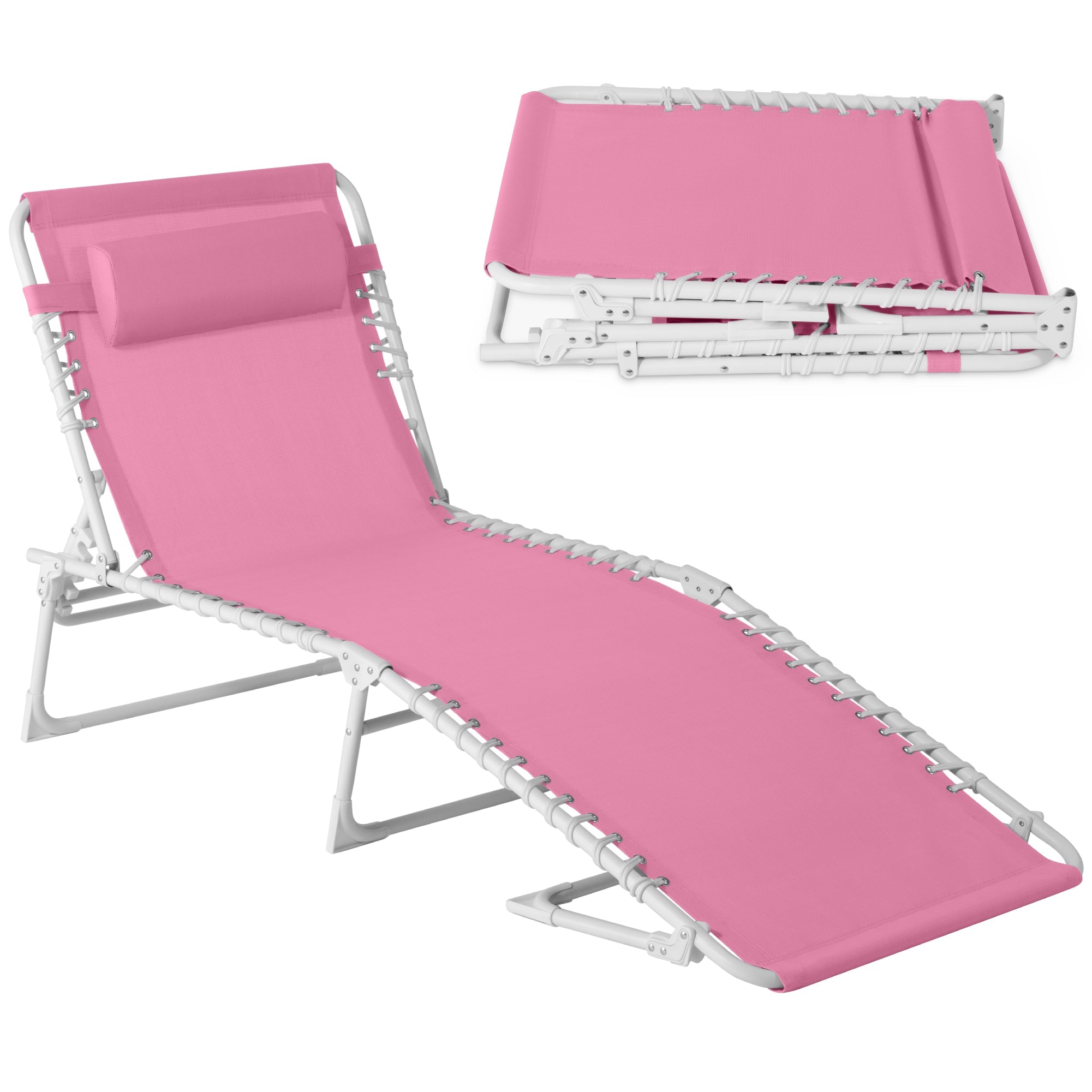 Best Choice Products Patio Chaise Lounge Chair, Outdoor Portable Adjustable Pool Recliner w/ Pillow - Carnation/White