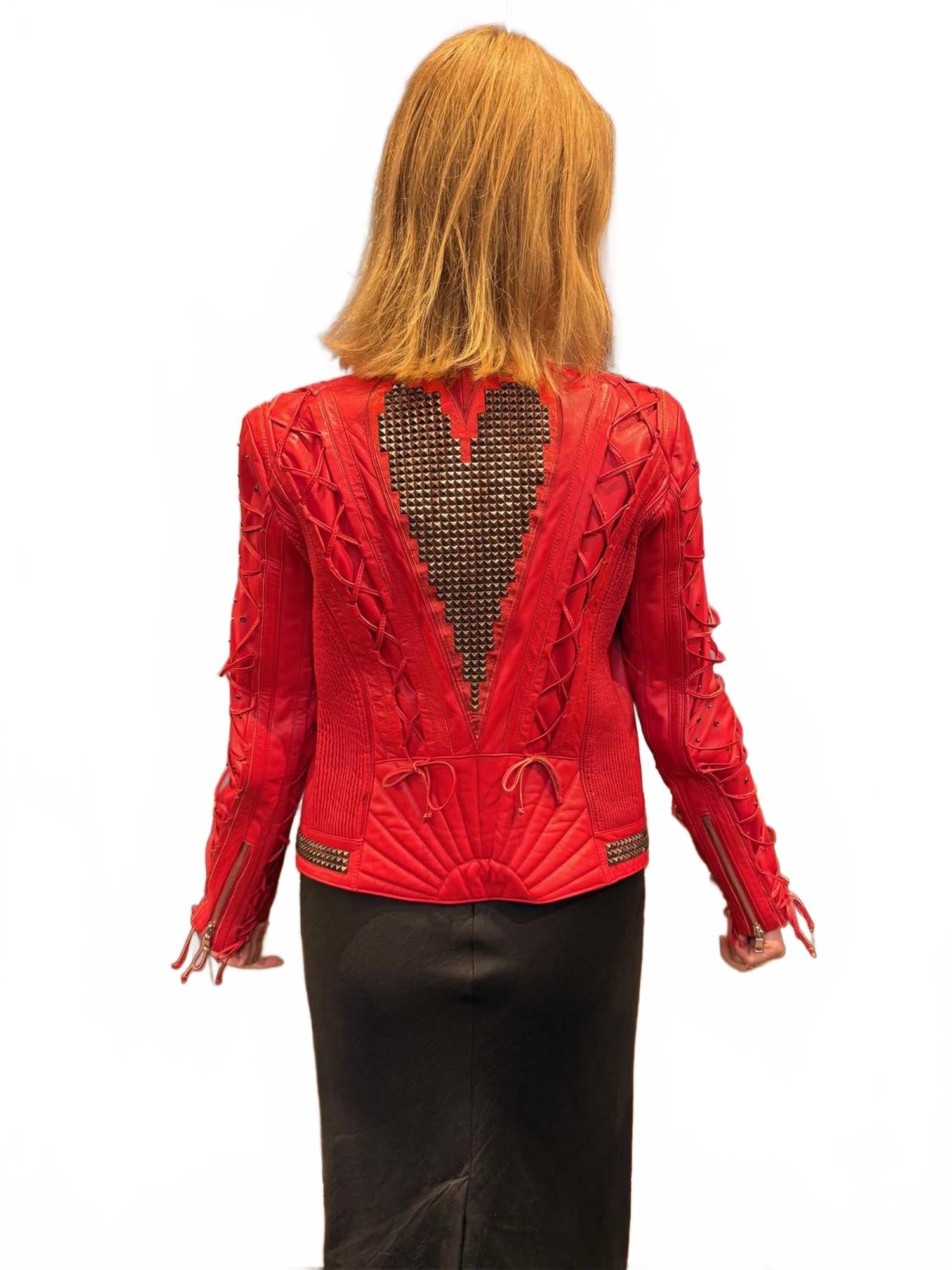 Laced Heart Leather Moto Jacket In Red