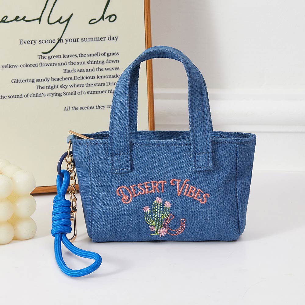 Desert Vibes Cactus Embroidered Mini Canvas Tote Bag Keychain Bag Charm
