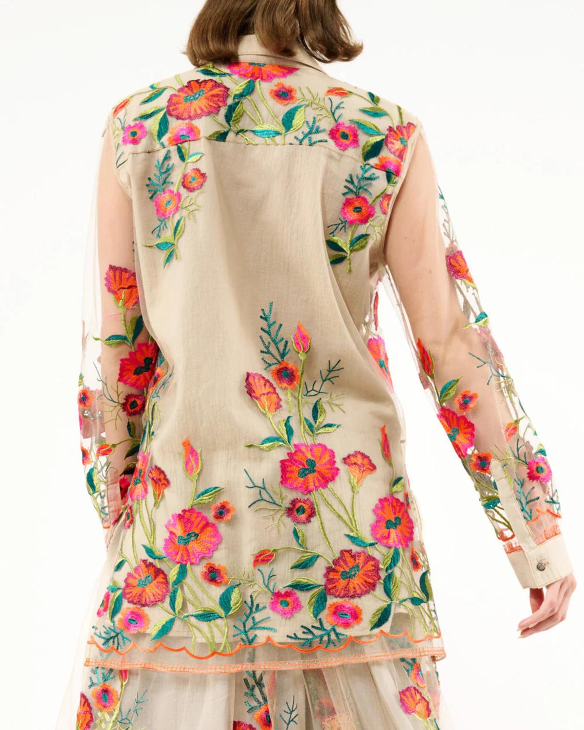 Vintage Floral Embroidered Shirt In Beige Tulip