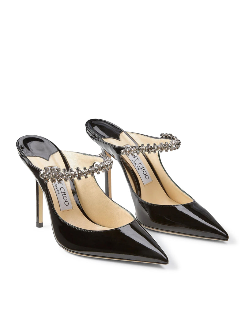 Jimmy Choo Women Bing 100 Black Patent Leather Clog With Crystal Strap