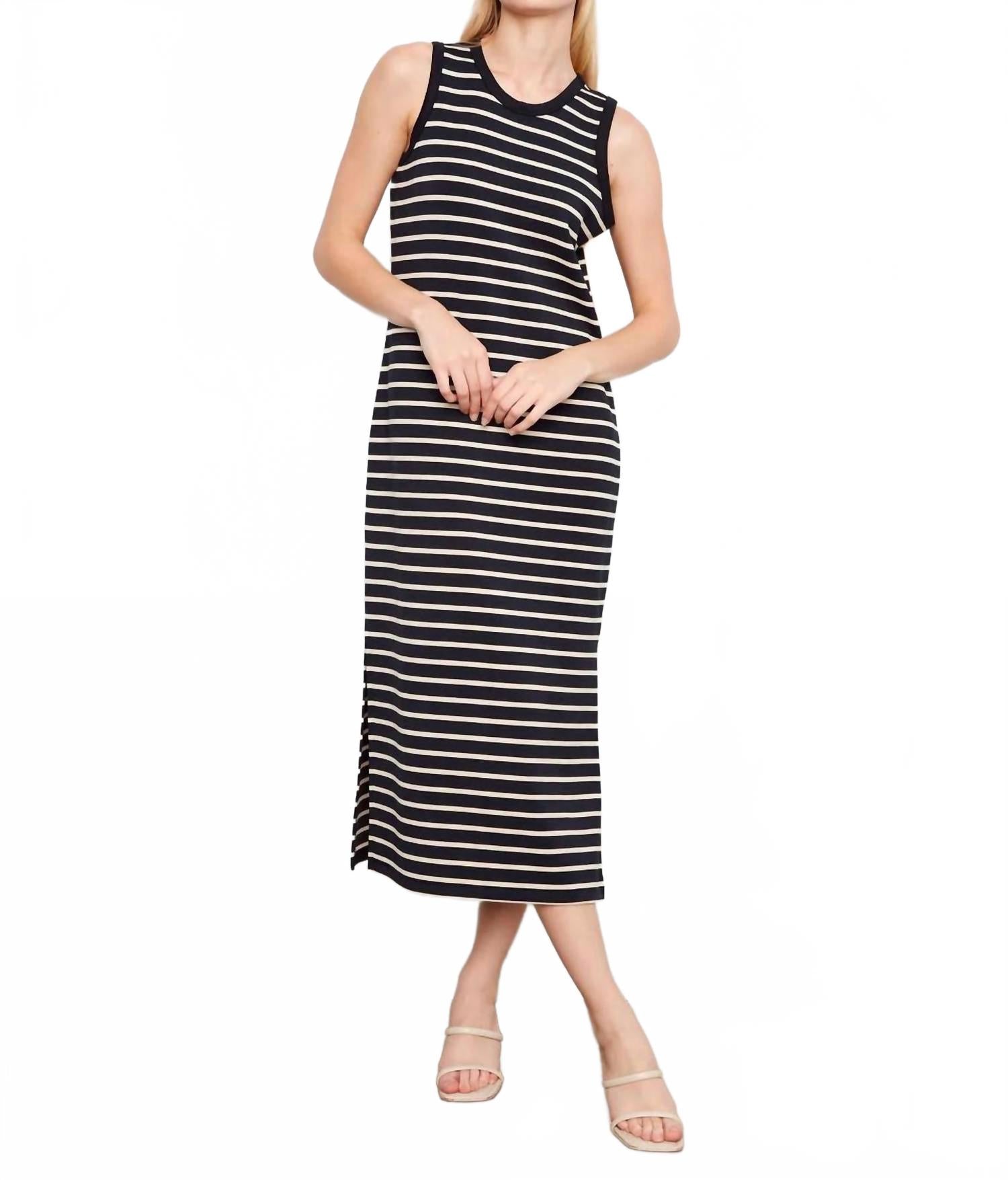 Sleeveless Striped Scuba Maxi Dress In Black & Beige