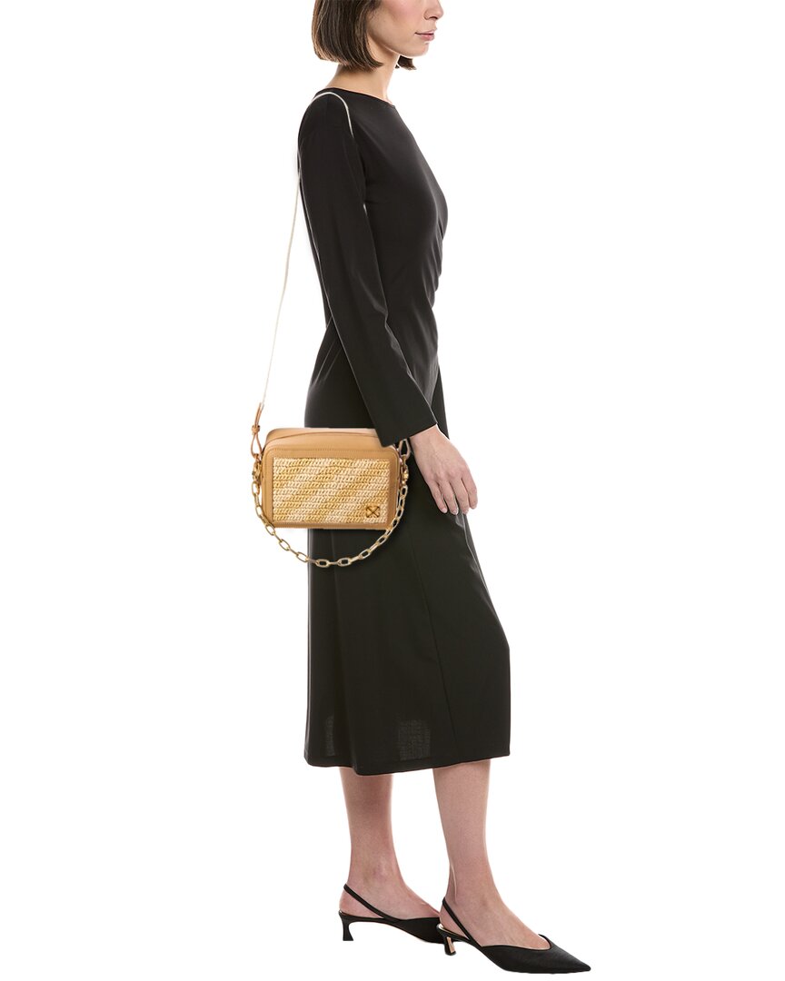 Off-White Medium Straw & Leather Camera Bag