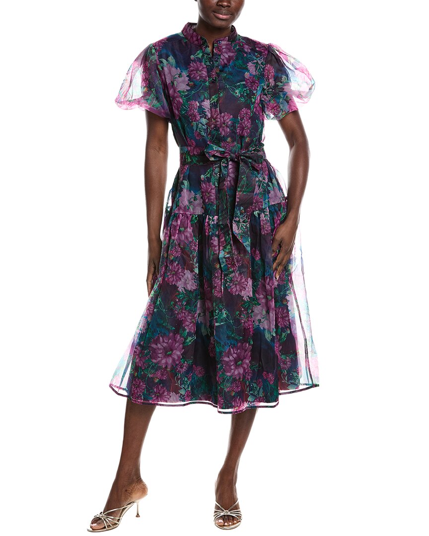 Gracia Puff Sleeve Band Collar Organza Midi Dress